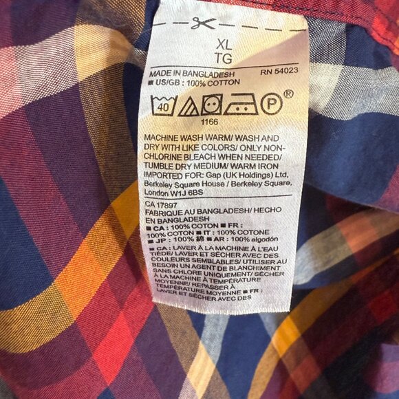 Gap Mens Classic Fit Long Sleeve Plaid Collared Shirt Red/Blue/Yellow Size XL - Picture 10 of 10